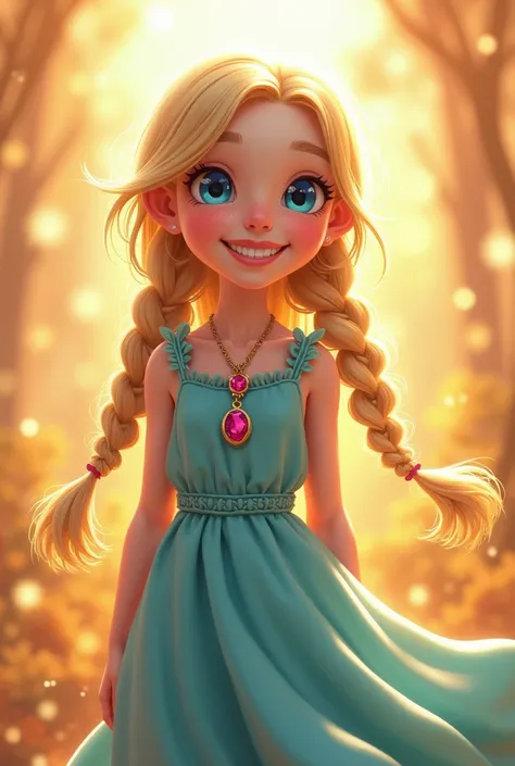 Create Joy, a   with blue eyes and long, blond hair tied in two front braids, wearing a long, light blue dress and gold necklace with ruby pendant., Please remember that you are a  not an adult