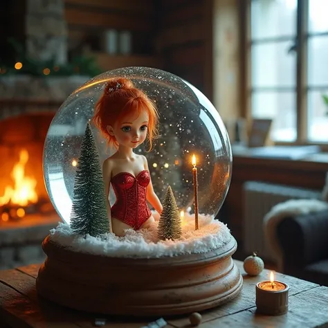 Mere noel en corset et porte jarretelles assise sur un tabouret dans un chalet, The whole scene is in a snow globe placed on the edge of a chimney, Red hair, Accurate, Anatomie correcte, Textured skin, Fine details,  high quality, Work of art, 