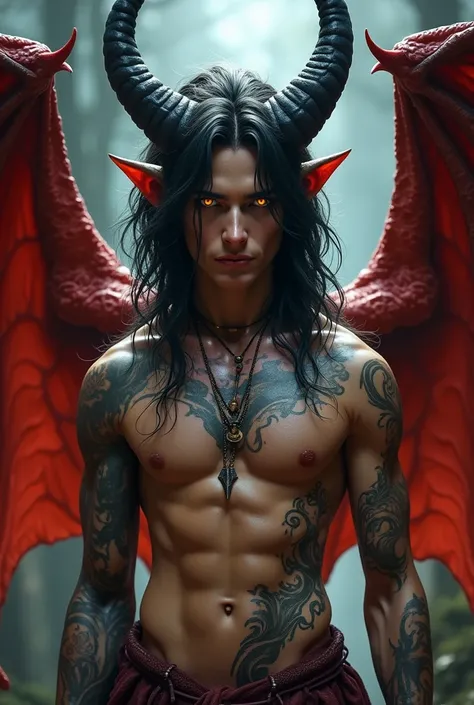 Half man half dragon. Black hair and amber eyes. Black horns and red wings. Tattoos across chest and arm. Aged around 30. 