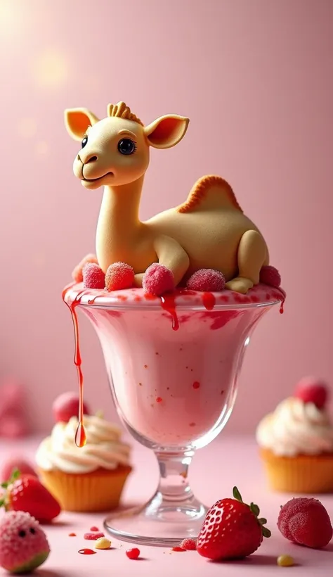 An ultra realistic and super cute camel ,  delicately positioned inside a tall, glass ice cream bowl Transparent ,  with their golden and soft coat partially covered with strawberry syrup that flows gently,  creating an adorable touch of mess . The camel  ...