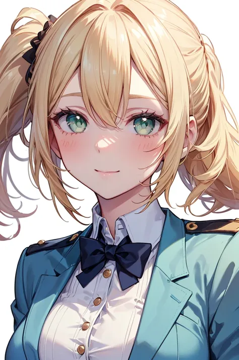 Masterpiece, ((1 girl)), ((Best Quality)), (Ultra-detailed), Highly detailed, (Portrait), ((Big breasts)), ((Hair tied back, Blonde hair, Green eyes)), ((20-years-old, Young girl)), ((White Skin)), ((Light Blue Blazer Uniform, Blue Blazer)), (Beautiful sce...