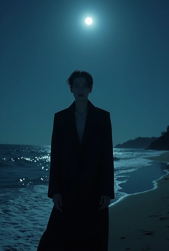  Taeyong NCT with vampire look standing behind the sea at night, clear night sky and shining moon , suasana seperti di West Coast.