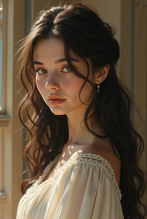 A girl with pale white skin , round face,  breast-length hair, dark brown eyes, chocolate brown eyes and thin, delicate lips, dressed as a Greek goddess