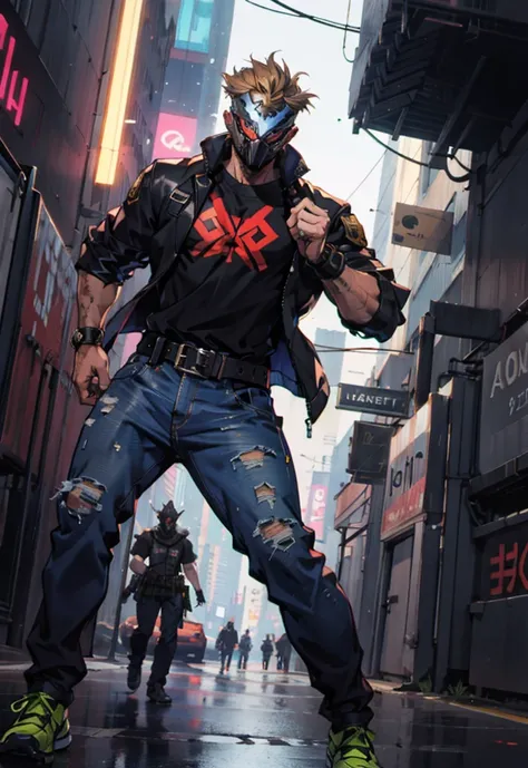  An adult man with dark blond hair is explosive and untidy ,  A metallic animal-shaped mask covers the entire face , Full body mask,  Cool & Penetrating Eyes ,  Strong Body ,  A loose cyberpunk short jacket over a T-shirt ,  Metal Cuff Protection , Waist B...