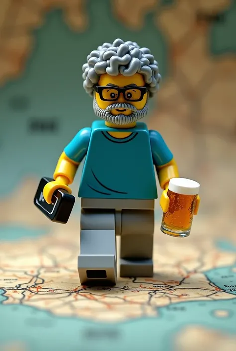 Lego-like man doll with  , curly gray hair , short beard, glasses with rectangular rims , t-shirt azul,  gray pants walking on top of a map with a GPS device in one hand and a beer in the other hand 