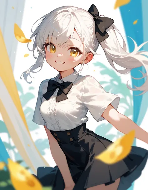  ,Long white hair, small breasts, eyes in yellow eyes,cute,cute, white long-sleeved shirt,Side ponytail ,Black bow tie ,Long Black Skirt ,smile,Red cheeks