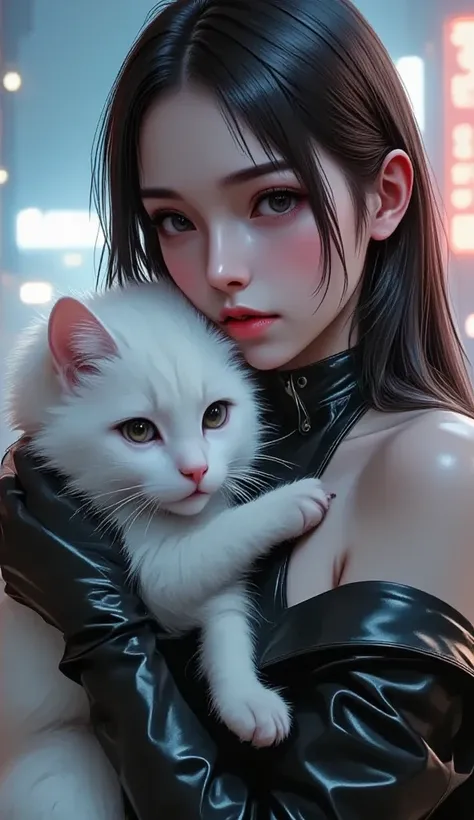 a woman in a black leather outfit with an open chest, thick lips, gafas rosadas abrazando a un gato blanco y peludo:1.3, depressed expression, 20 years old, long black hair, rosy cheeks, pink lips, long straight hair with bangs, simple background, (best qu...