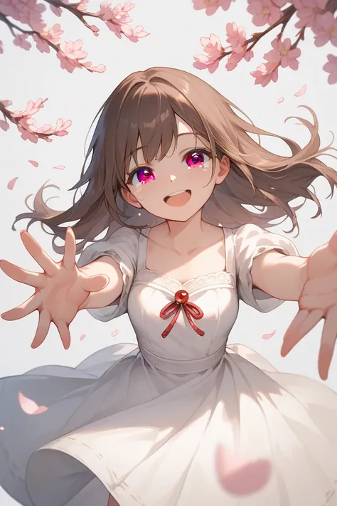 (( top quality)), ((masterpiece)), (  Details),  One Girl ,slim,Brown Hair,brown eyes,heartwarming smile,cute,reaching hand,white dress,tears streaming down face,cherry blossoms,golden ratio,grey background,