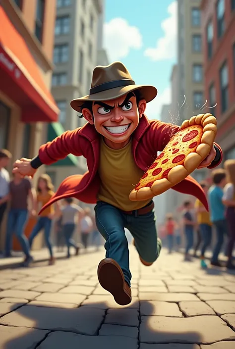 pizza theif holding pizza and running 