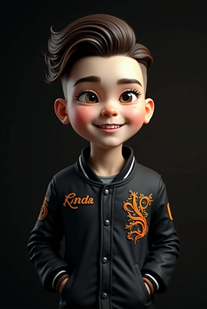 Handsome boy 20 years old,hair undercut,wearing baseball jacket full bordir, and the name"Enda