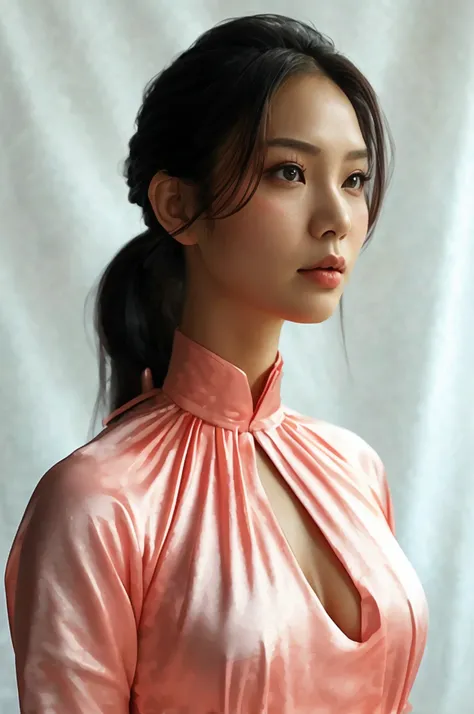 a thai-chinese-russian woman stands with her left hand on her hip. She is wearing a salmon colored short-sleeved bathing suit, adorned with a ruffled neckline. Her hair is pulled red  in a ponytail, adding a pop of color to her face. big breasts,  The back...