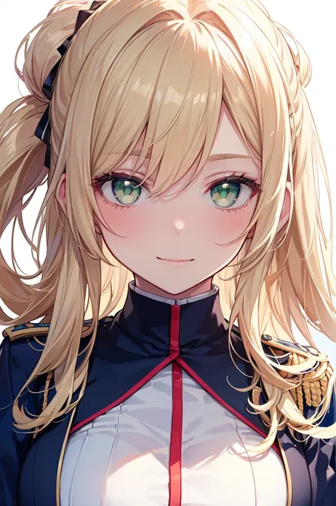 Masterpiece, ((1 girl)), ((Best Quality)), (Ultra-detailed), Highly detailed, (Portrait), ((Big breasts)), ((Hair tied back, Blonde hair, Green eyes)), ((20-years-old, Young girl)), ((White Skin)), ((Blue Military Blazer Uniform, Blue Blazer)), (Beautiful ...