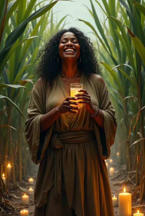 fat black woman ,  laughing with drink in her hand,  in the middle of a sugarcane field ,  filled with candles around ,  dressed in old clothes , Doing witchcraft  