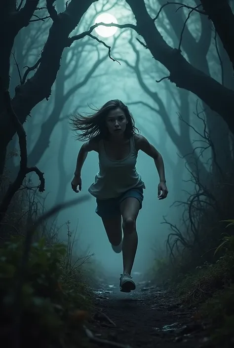 An adult girl running desperately in the middle of a dark forest