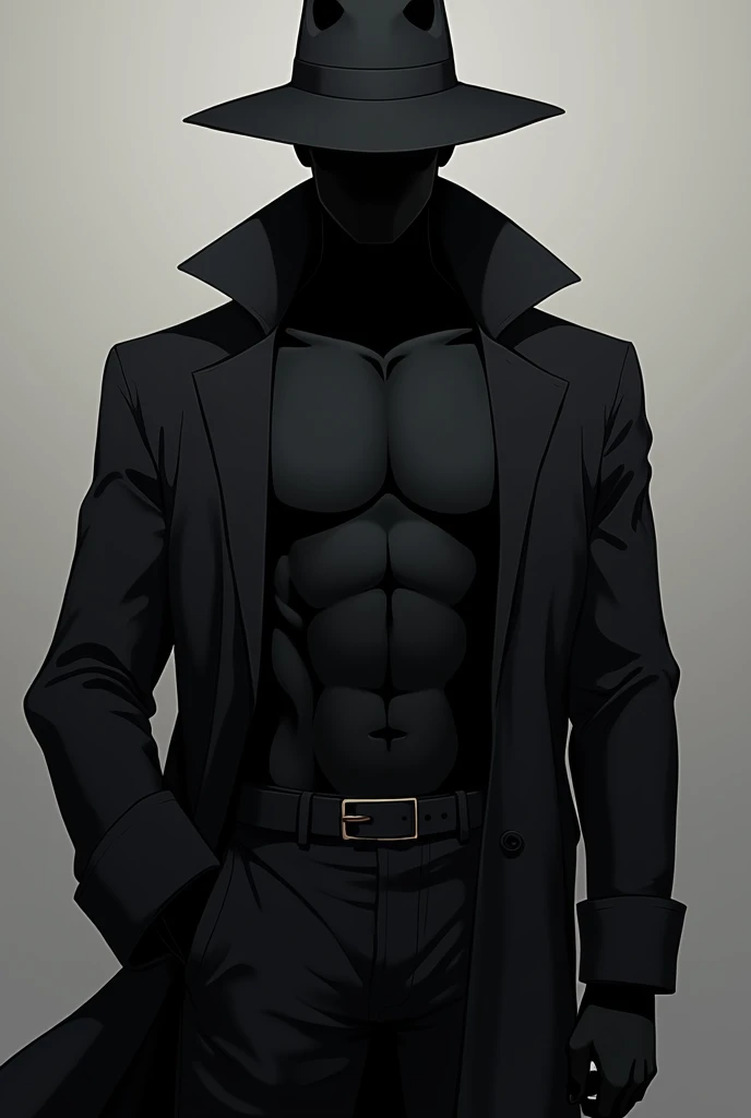 Generate a character with a muscular physical body: hes all black, he has no face and no hair, he has all black detective clothes and an all-black detective hat.. On the chest there is an HV that reaches the abdomen, generally like anime 