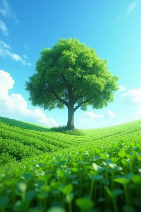 The crop is growing in the field.  There is a tree in the land with the crop 3D YouTube size images 