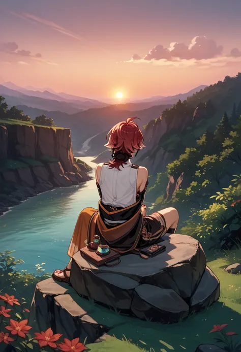 (masterpiece, best quality, very aesthetic, super detailed, UHD), nature, sunset, 1boy, shikanoin_heizou, heizou, sit on rock, thoughtful, from behind 