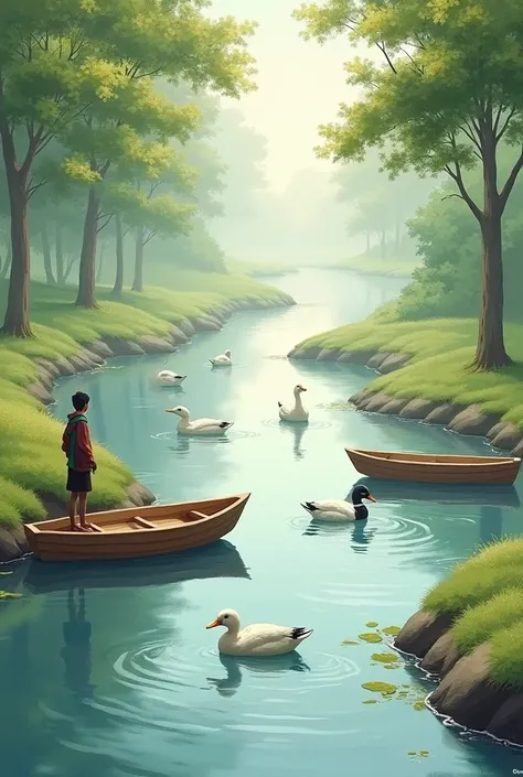 The image resembles a river with ducks and small boats floating in the river, with a human being at all.
