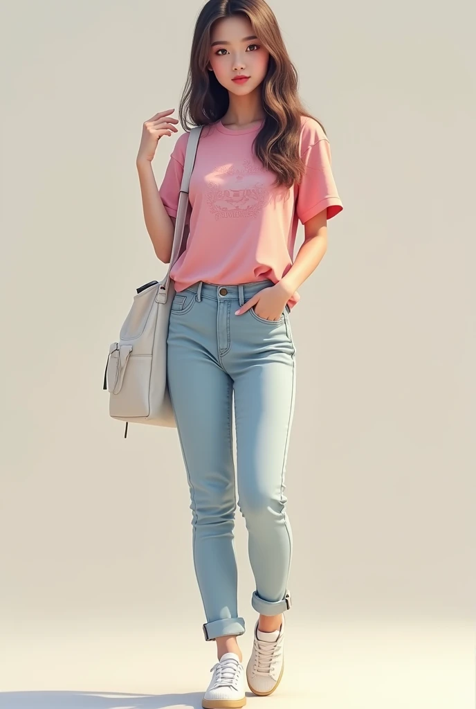 Korean woman, 20 years old, fair skin, straight long brown-gray ombre hair, wearing a pink T-shirt with a pattern, light high-waisted jeans, wearing Adidas samba shoes, carrying a white hobo bag.