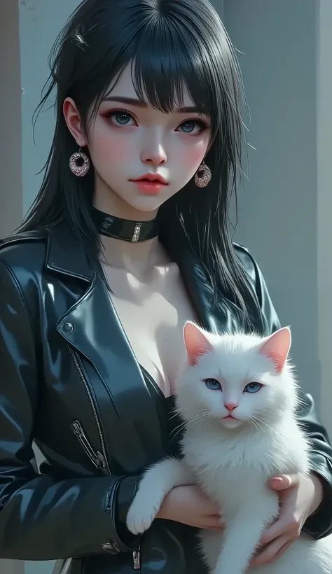 a woman in a black leather outfit with an open chest, thick lips, gafas rosadas abrazando a un gato blanco y peludo:1.3, depressed expression, 20 years old, long black hair, rosy cheeks, pink lips, long straight hair with bangs, simple background, (best qu...