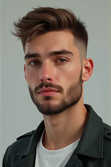 Create a 20-year-old German man ,  with an oval face with a clear jawline and high cheekbones. The skin is smooth and bright .  He has a light 3-day beard . He still looks young .  The eyes are medium-sized and almond-shaped .  The eyebrows are straight to...