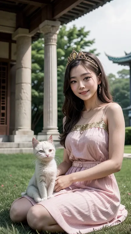 Beautiful young Thai woman wearing a pink dress and gold tiara sits on the grass in front of an ancient temple surrounded by roses, petting a white kitten with long fur, smiling at the camera. This photo-realistic image was taken using a Canon EOS R5.