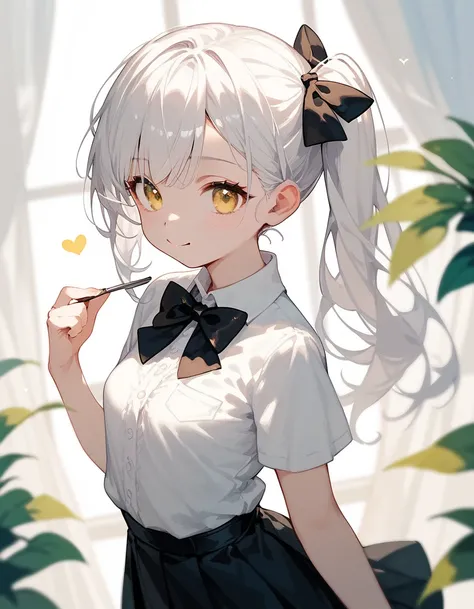  ,Long white hair, small breasts, eyes in yellow eyes,cute,cute, white long-sleeved shirt,Side ponytail ,Black bow tie ,Long Black Skirt ,sulk