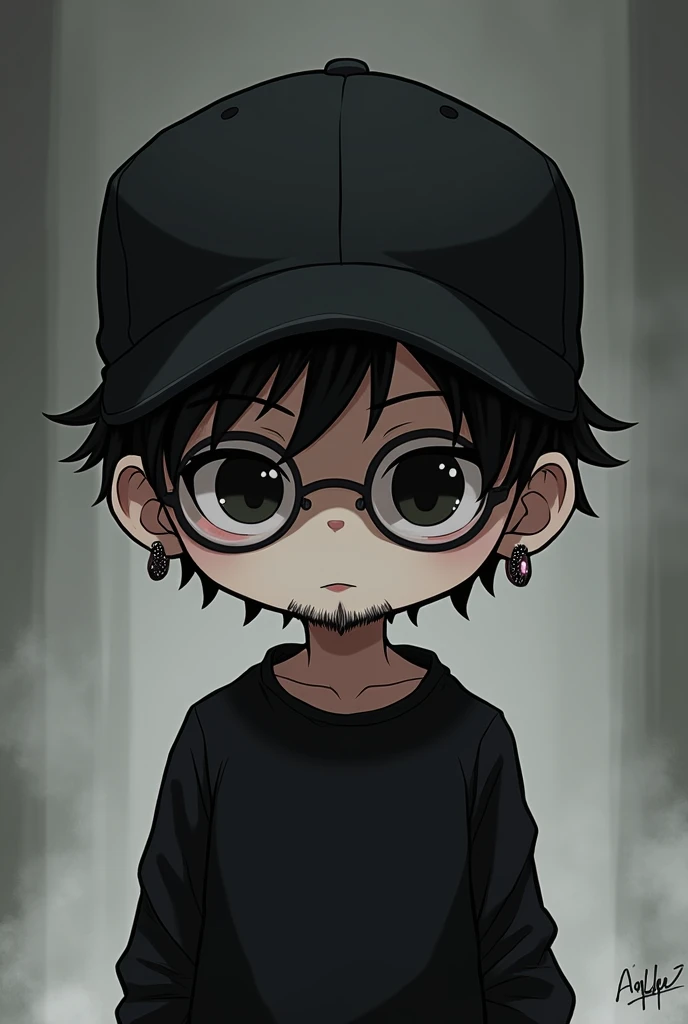 Create a chibi-style anime character of a man with a black baseball cap facing forward, but without hair on the sides as if he were bald , black clothes, short beard, Thin and black, glasses,  with a horror background ,  the character with a terrifying but...