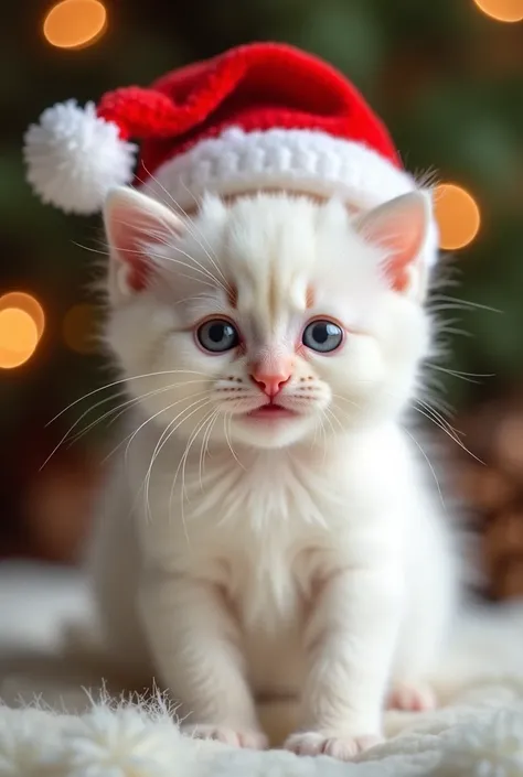 generate a photo of a happy white kitten with a red Christmas hat