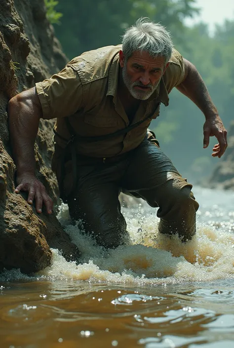 A dirty middle-aged man slipped into a muddy river and is trying to climb a hill to get out of the water .  Meanwhile, under him, a scary and huge catfish is lurking in the river very close to him, just waiting for the moment to take the boat