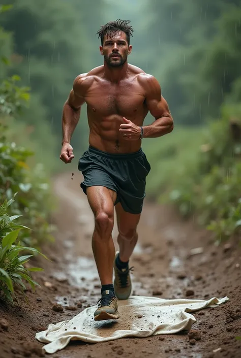 A white athletic male runner with muddy Nike air max 90 walk over and use a white shirt as a doormat on the muddy ground. He lefts mud on the shirt on the ground after passing by. 