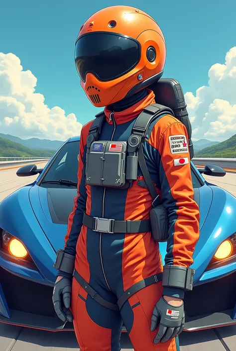 A pilot wearing a helmet in front of a jdm , high angle , cartoon, anime 