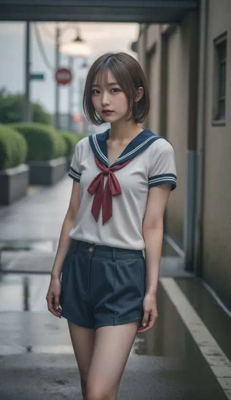  perfect composition,  proper placement , Golden Ratio, masterpiece,   top quality,    high definition  ,   one Japanese woman ,   Beautiful Japanese Woman  ,  standing with different breasts :1.331, from side,   wearing Japanese high school sailor uniform...