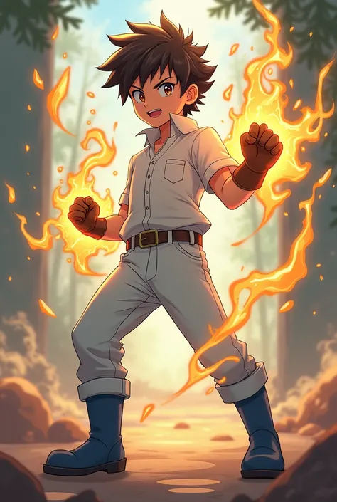 A boy with wax powers anime style boy 12years old white clothes and blue boots and brown gloves and brown hair he 