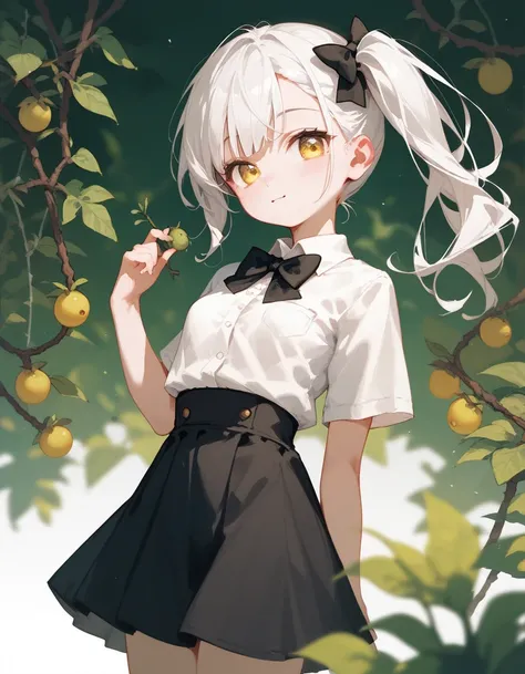  ,Long white hair, small breasts, eyes in yellow eyes,cute,cute, white long-sleeved shirt,Side ponytail ,Black bow tie ,Long Black Skirt ,A little bit of Gothorn,