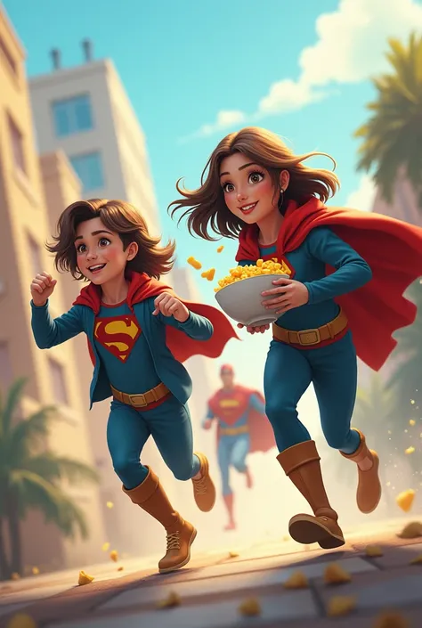 A  with long brown hair chasing a  with brown hair that’s holding a bowl of Mac and cheese and there are two superheroes in the background