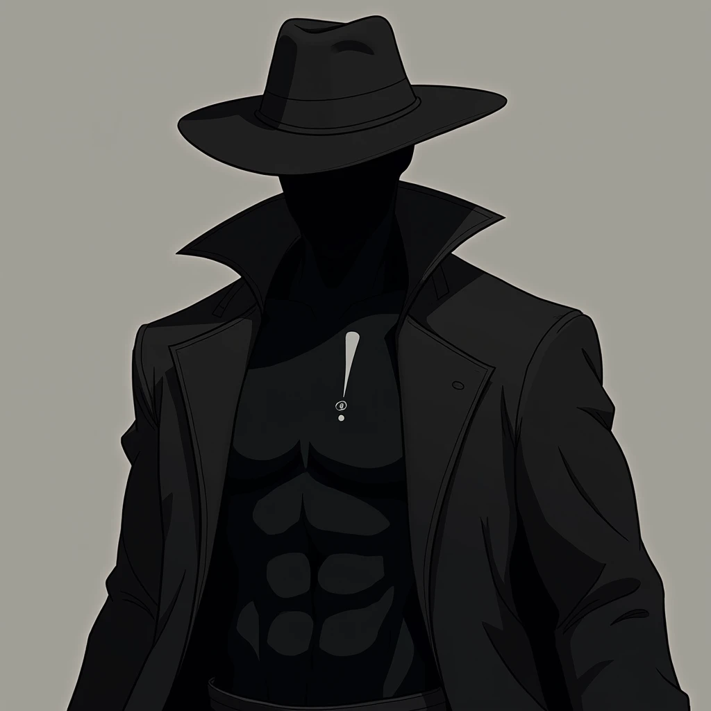 Generate a character with a muscular physical body: hes all black, he has no face and no hair, he has all black detective clothes and an all-black detective hat.. On the chest there is an A little exclamation mark   that reaches the abdomen, generally like...