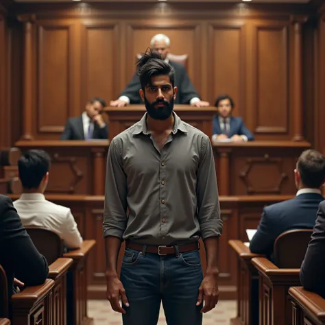 A courtroom scene with a judge sitting on a high bench, the frightened young Indian man, Shirt grey and pant jeans, beard black, hair is tied back in a bun, standing in front of the bench, and other passengers seated in the witness area. The courtroom has ...