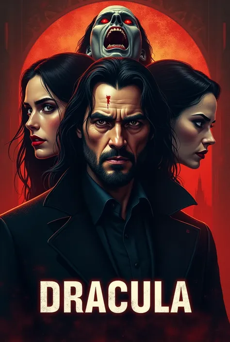 Tạo poster bao gồm tên phim DRACULA
Tên phim được hiển thị rõ ràng và nổi bật là "DRACULA", viết bằng chữ in hoa màu trắng.Poster có ba nhân vật chính.Bối cảnh của poster được thiết kế để tạo ra một không khí huyền bí.Người đàn ông trung tâm có mái tóc đen...