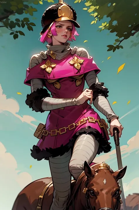 hot pants, hot pants, jojo anime,  Jojo Ova, Rohan OVA, thus spoke kishibe rohan anime,  Female character ,  short hair, fringe, pink hair, black hat with gold edges, Russian hat, pink dress, brooches of flowers or golden leaves on the chest, cream white b...