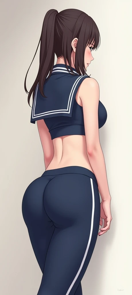  Draw a woman in an anime-style school sports suit wearing long navy blue school sports pants,  the woman should show her buttocks and her legs should be closed ,  the woman must be in a sexy pose, well drawn their backs and legs closed and their hands clu...