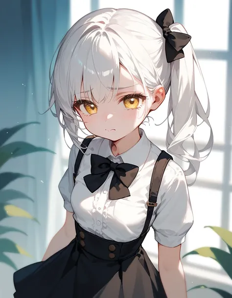  ,Long white hair, small breasts, eyes in yellow eyes,cute,cute, white long-sleeved shirt,Side ponytail ,Black bow tie ,Long Black Skirt ,Make a sad face