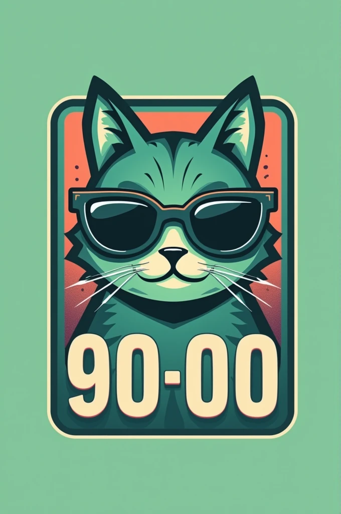 A vintage radio broadcast logo with the text "90-00". The logo is shaped like a square and features a stylized icon of a cat wearing sunglasses. The background is avorio green. The text and icon are in avorio green. The overall design has a fine 90s style.