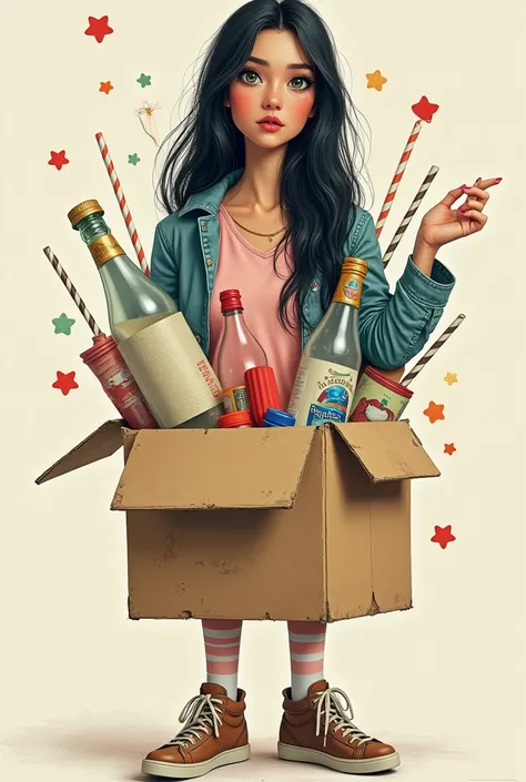  A 24-year-old white girl with long black hair, with the bottom of a pet bottle , box, straws ,  and Disney cartoon paper  