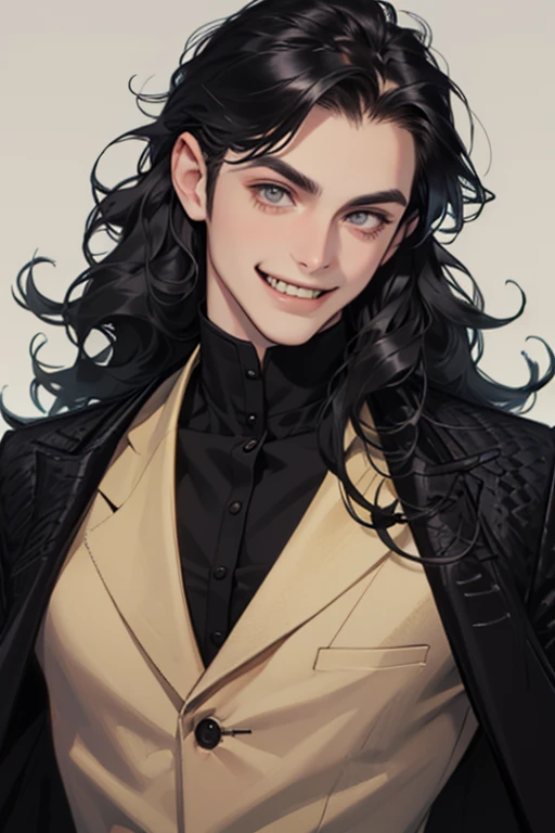  a young man with sharp ears and pale skin,  with black long curly hair ,  with black narrow eyes , , a hooked nose , with a smile with fangs 