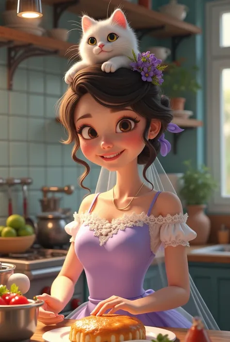 The woman is a cute chef wearing a light purple bridal dress. Mobile pan on the head has a cat