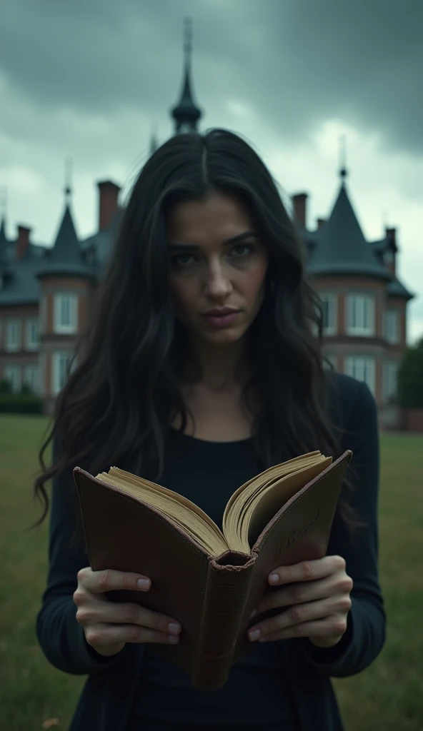 An old diary in the hands of a woman with long, wavy black hair looking at it curiously against the backdrop of an imposing mansion with dark clouds above it.

I created an extremely realistic viral image with no writing on it.