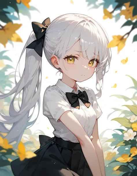  ,Long white hair, small breasts, eyes in yellow eyes,cute,cute, white long-sleeved shirt,Side ponytail ,Black bow tie ,Long Black Skirt ,Make a sad face