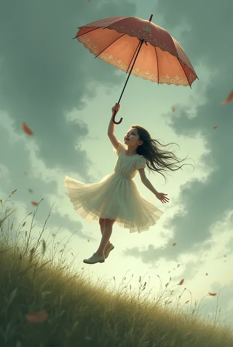 a girl is being flown away along with an umbrella in a windy day
