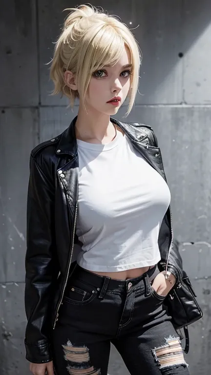 solo , 1girl , white shirt rock punk styes , big breast , black jeans rock punk styes , American girl , blonde hair